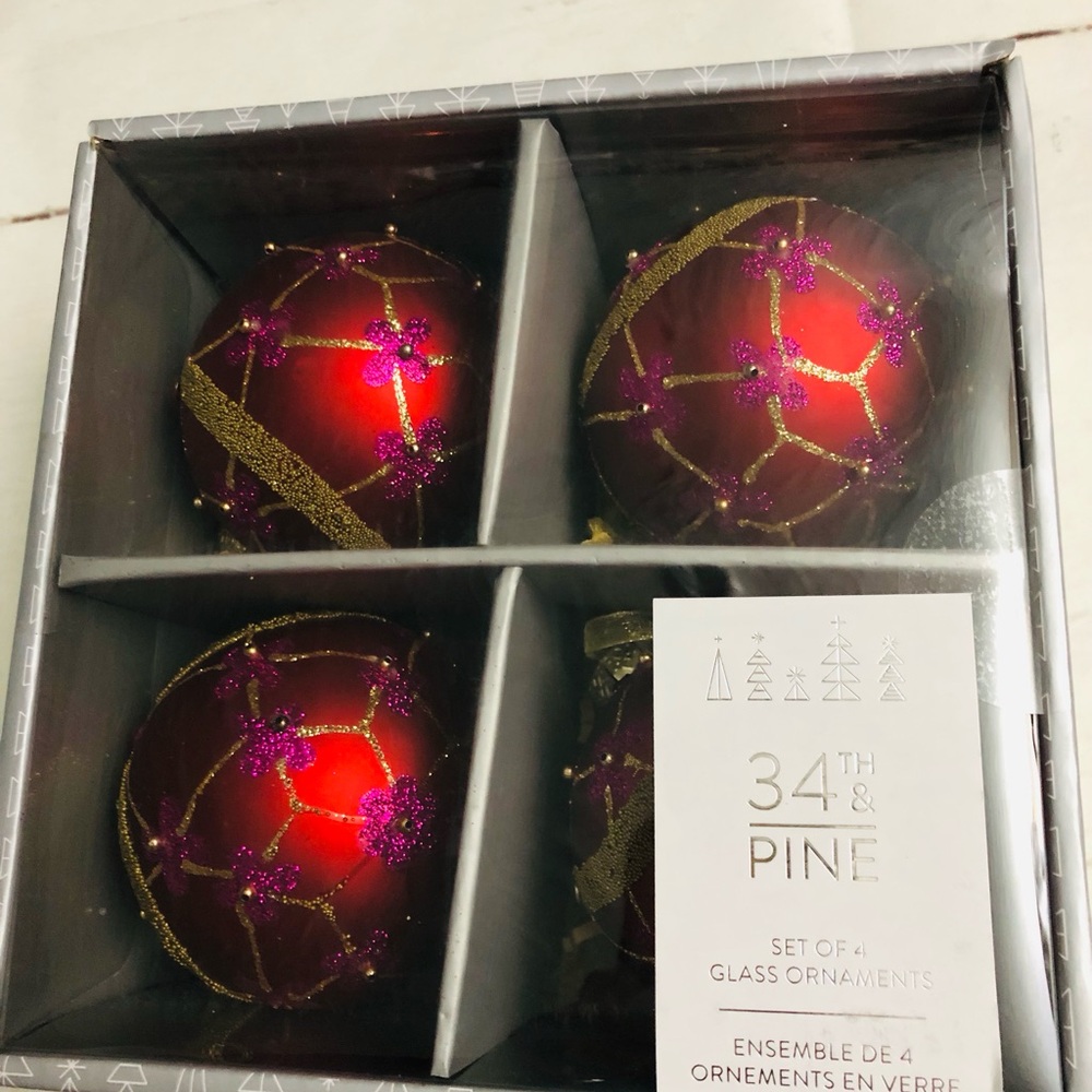 34th & Pine Red Pink Gold Beaded Glass Christmas Tree Ornaments Decor Set of 4